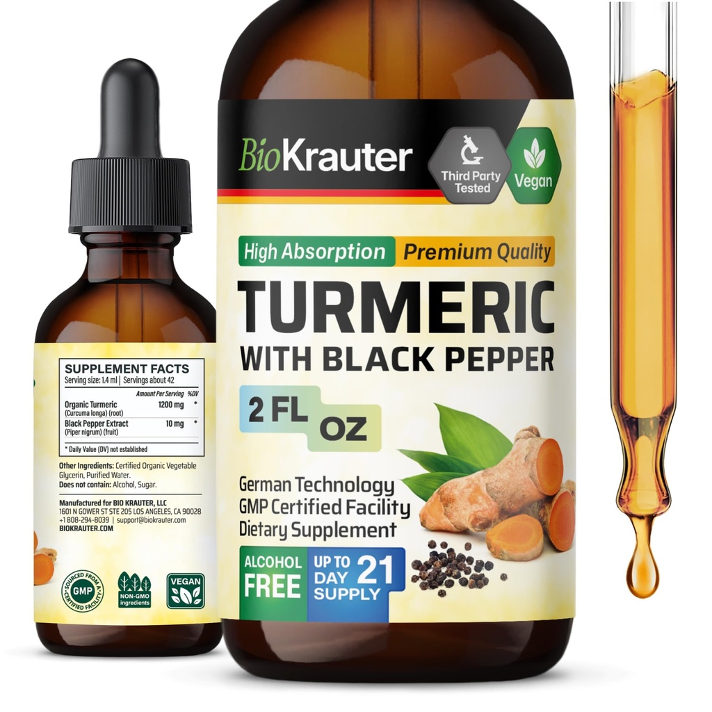 BIO KRAUTER Turmeric Supplement tinktura - 1200 mg kurkumin s černým pepřem Extract - Alkohol a cukr zdarma - Vegan Drops 2 Fl.Oz.