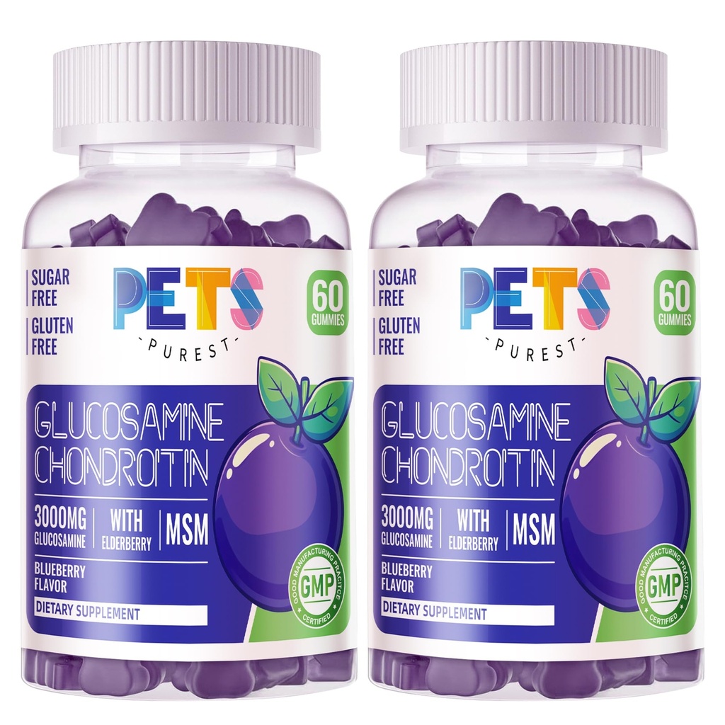 Purest Glucosamine Chondroitin Gummies s MSM & Elderberry Extra Strength - Společná podpora, Antioxidant Imunitní Supplement pro dospělé, muži a ženy. (2 Pack) Borůvka