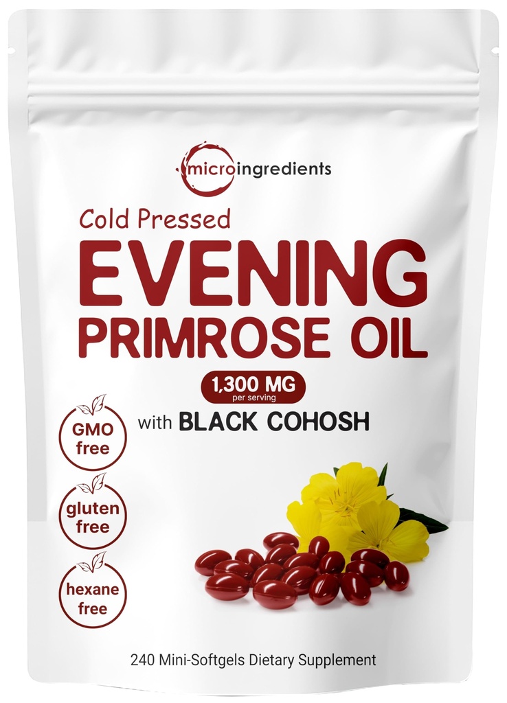 Mikro ingredience Večerní Primrose Oil 1300mg Per Serving, 240 Softgels Cotter124; Vylepšený 40 mg Black Cohosh Extract, Cold Pressed - 10% Aktivní GLA, Non- GMO, No Gluten, Snadno polykat