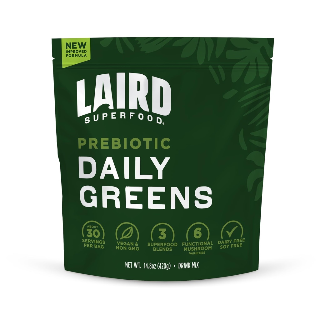 Laird Superfood Prebiotic Daily Green Powder - Essential Vitamins & Minerals - Prebiotický fiber, Adaptogen a ovoce & Zelenina - Podporuje Gut Health - Non- GMO, Vegan - 14.8 oz Bag, Balení po 1