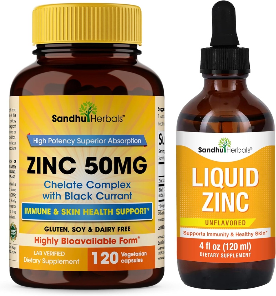 SandHUHERBALS Zinkový 50 mg Kapsle Bundle s kapalným zinkem Kapky 124; Podporuje imunitní a kožní zdraví