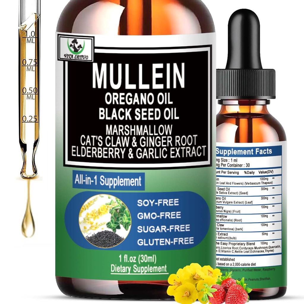 16-in-1 Organic Mullein Drops for Lungs CLAS124; Mullein Leaf Extract w / Oil of Oregano with Black Seed Oil CLAS124; Non-GMO & gluten Free Respirate Health Liquid Drops CLAS124; Mullein Supplementary Clearse for Smokers