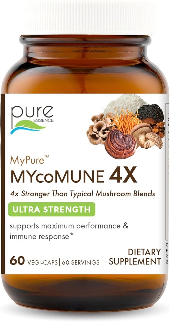 MycoMune 4X Organic Houbový dodatek - Reishi, Lion 's Mane, Cordyceps, Chaga, Shiitake, Maitake pro imunitní systém, Combat Stress, Build Energy by Pure Essence - 60 Caps