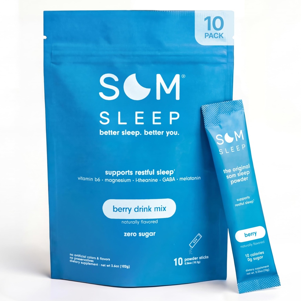 Som Sleep, Relax Sleep Powder Drink Mix, 3 mg melatoninu, hořčíku, vitaminu B6, L- Theanine & GABA - Vegan, Nulový cukr, Keto Friendly - Berry, 10- Pack
