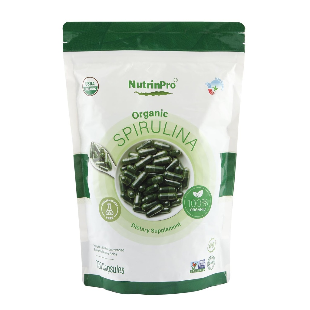 NUTRINPRO USDA Organic Spirulina Kapsle - 100% čistý vegan dodatek, non-GMO, gluten- Free, Chemical- Free, (720)