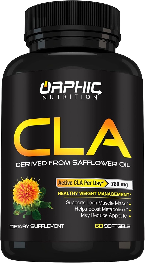 ORPHIC NUTRITION CLA Safflow Oil Supplement - Made with Safflower Oil - 780mg Non- Stimulant Conjugated Linoleic Acid for Men & Women * to Support Weight Loss Efforts and Metabolism * - 60 Softgels