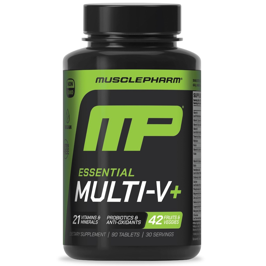 Muscle Pharm Essentials Multi- V +, The Athlete 's Multi- Vitamin, Enhanced Energy, Performance & Imunitary Health, Daily Multivitamine for Men & Women with Minerals Plus Probiotics, 90 Tablet, 30 Servings
