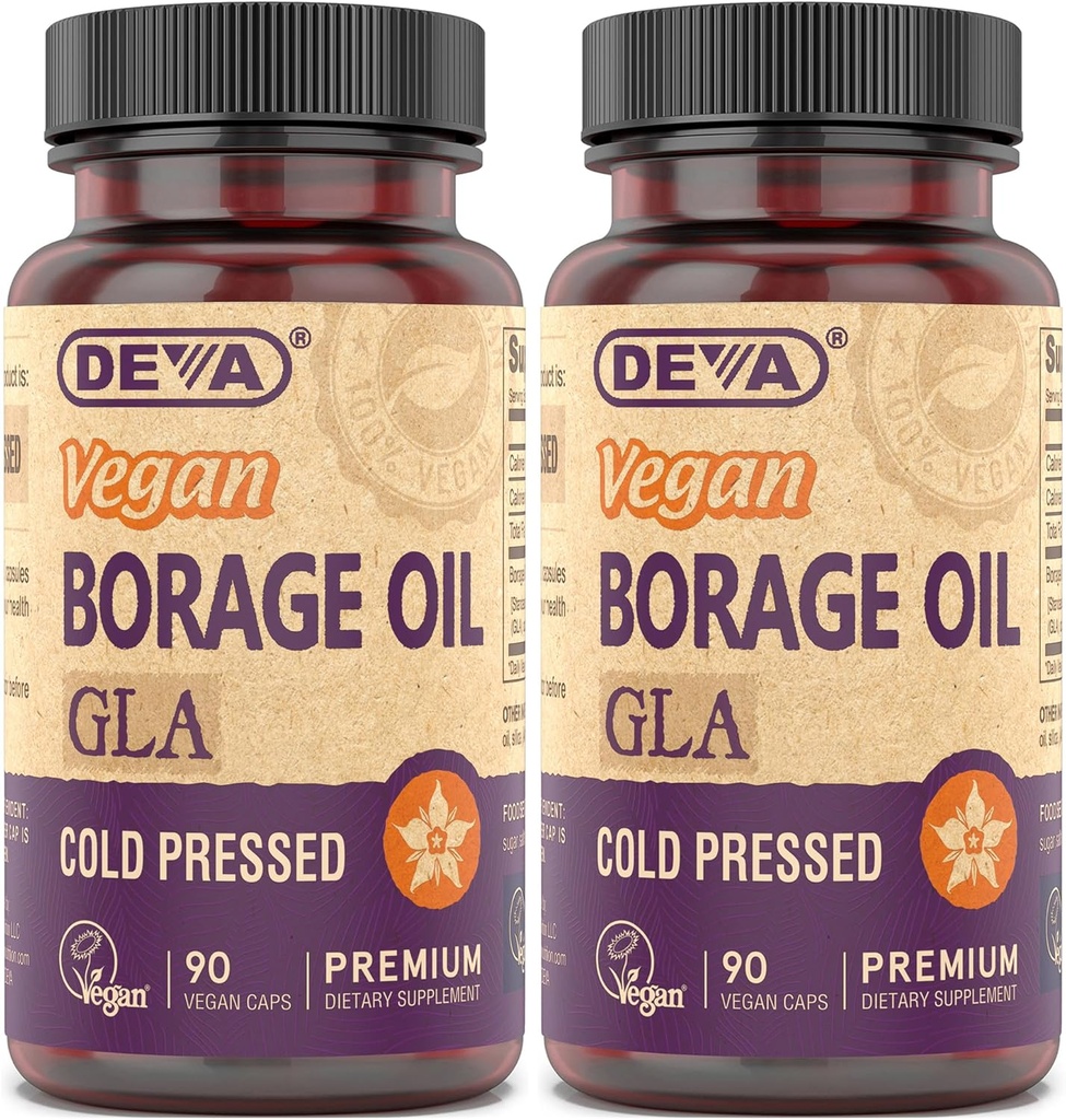 DEVA Vegan Vitamins, Borage Oil 500mg, Source of Omega-6 Fatty Acid GLA (Gamma linolenová kyselina), Cold- Pressed & Unrafinated, 90 Tablet (Balení po 2)