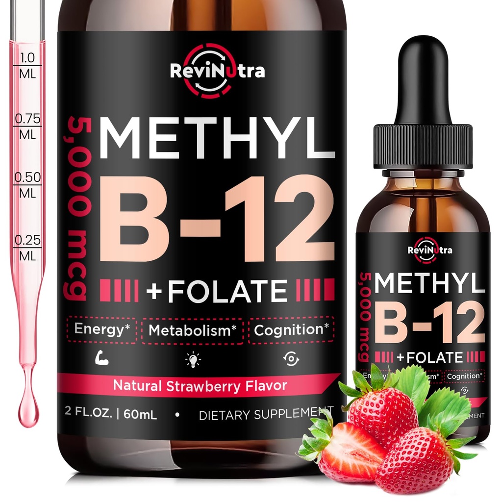 Vitamin B12 kapalné kapky, B12 vitamíny 5000 mcg, vitamin B Komplex doplněk s methylkobalamin B12 sublingvální, vitamin B6, Folát pro energii, mozek, Zdraví srdce, Vegan Strawberry Flavor 2 Fl Oz