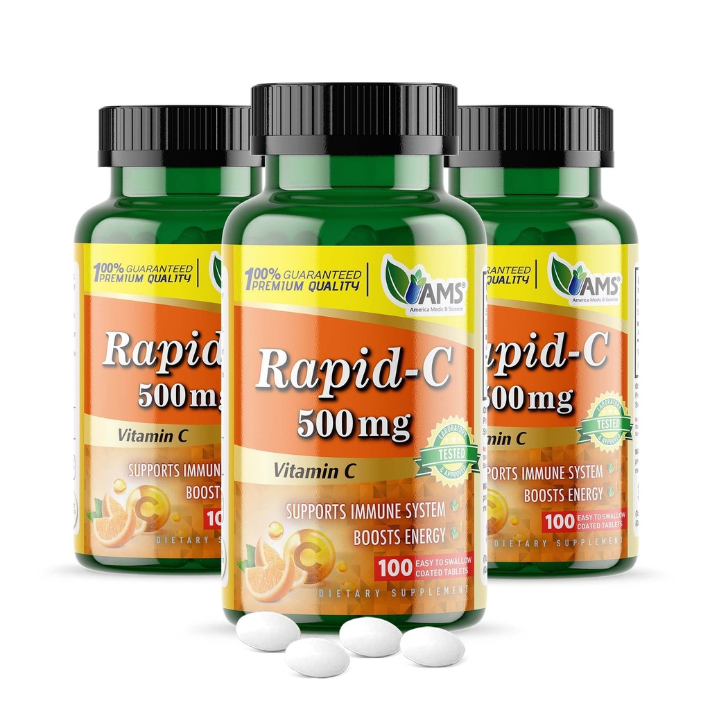 America Medic & Science Rapid-C 500mg vitamin C dodatek (3 balení 100 tablet) Energy Booster, Denní imunitní systém Podpora, Antioxidant current124; Vegan, Non- GMO potažená kyselina askorbic pro dospělé muže a ženy