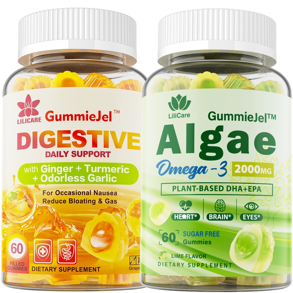 LILICARE Sugar Free Omega 3 Fatty Acid 2000mg S 640mg DHA & 290mg EPA, Multivitamin, CoQ10, Astaxanthin + Ginger Filled Gummies for Nausea - Somech Relief - Ultra Absorpce pro stravitelnou podporu