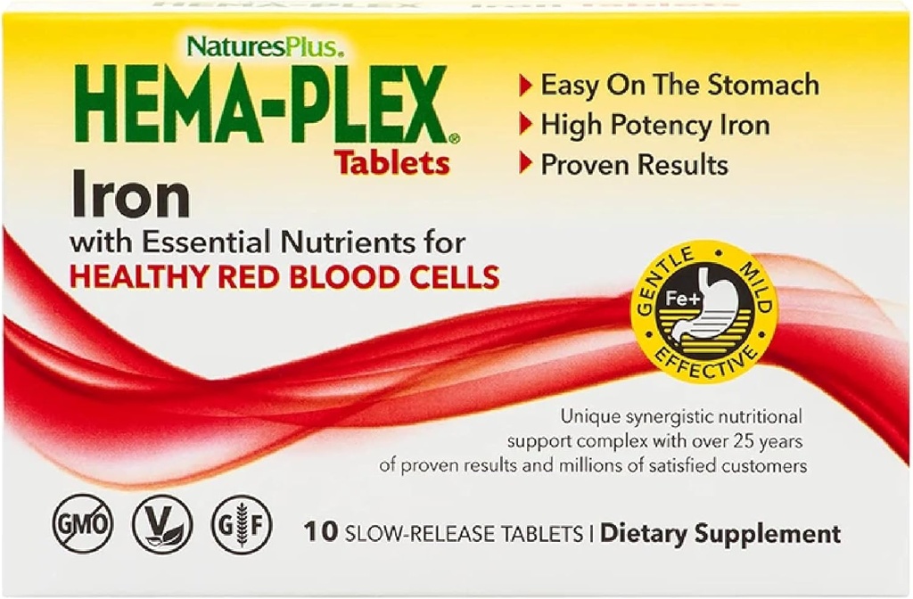 NaturesPlus Hema- Plex Iron - 10 Slow-Release Tablet - 85 mg Chelated Iron - Total Blood Health - with Vitamin C & Bioflavonoids - Vegan, Gluten Free - 10 Servings
