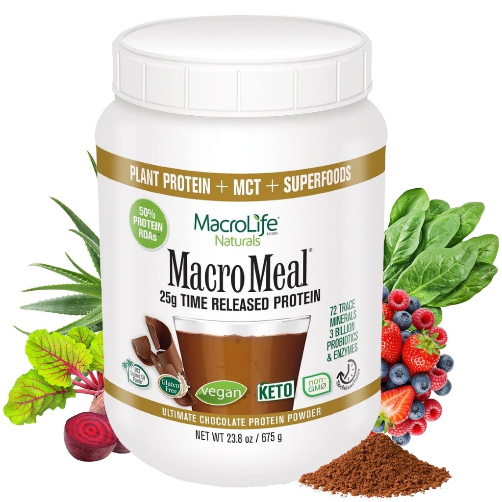 MacroLife Naturals MacroMeal Vegan Chocolate Protein Powder Superfood Green Probiotics + Fiber, Imunitní energie Denní essentials for Women & Men gluten- Free - 23.8oz (15 Servings) Chocolate