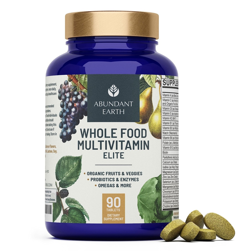 Abundant Earth All Food Multivitamin pro ženy Daily Multi Vitamíny Doplňky pro muže Multivitamins + B Complex, Probiotic Multi enzyme, Omegas pro organickou energii Mood Digestion 90ct- 2pk