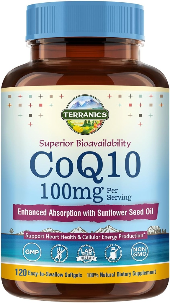 Terranics CoQ10 100mg, 120 Softgels, Absorpce s extra panenským olivovým olejem, Heart Health & Energy Production