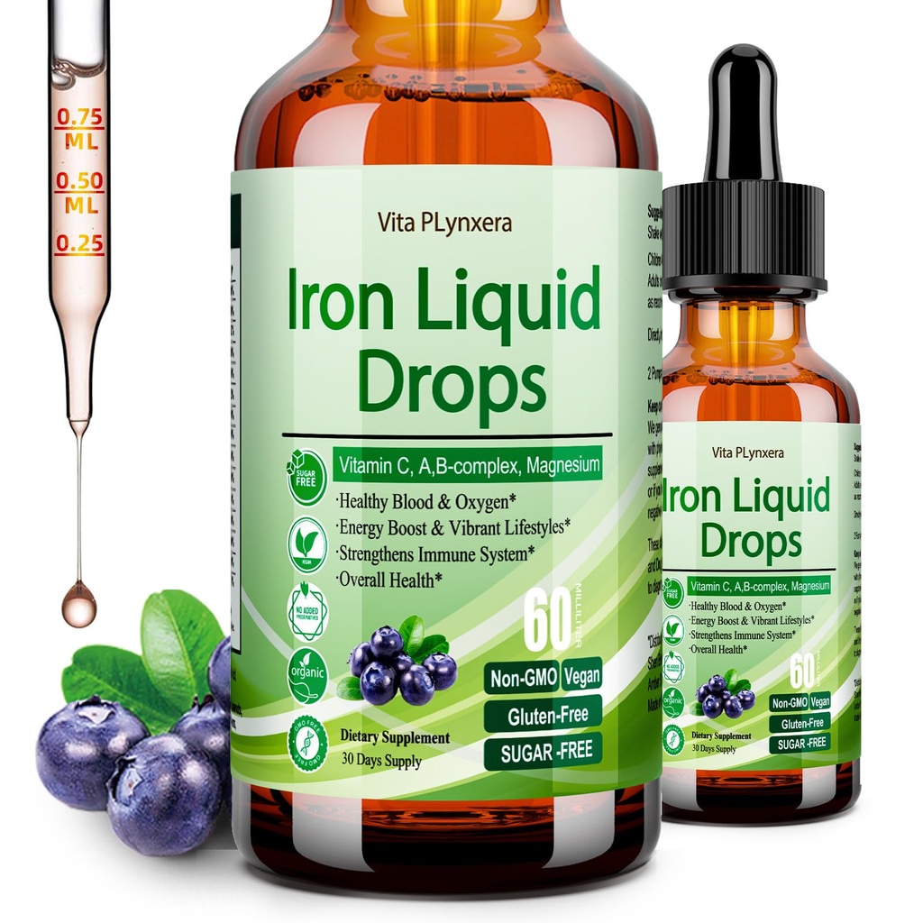 Liquid Iron dodatek pro ženy muži a děti, Vegan Železné Kapky s vitamínem C D, B12, B-komplex, High potency Liquid s multivitamin pro anemii, Podpora energie, krev, hořčík Gentle