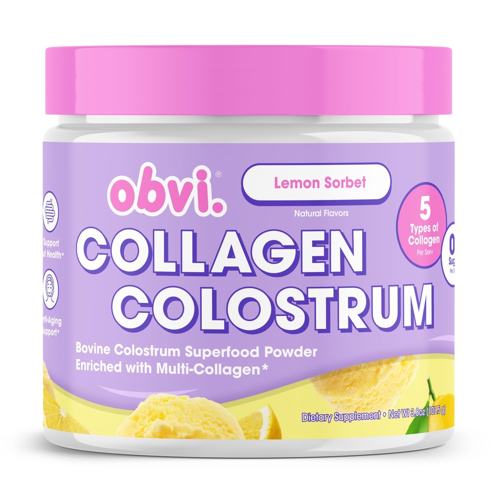 Obvi Collagen Peptide Colostrum Powder 124; Multi- Collagen Peptides with Grass- Fed Bovine Colostrum 124; Podporuje Gut Health, Imunní, Kůže & Vlasy 124; Gluten- Free, Keto- Friendly Crop124; Lemon Sorbet, 30 Služeb