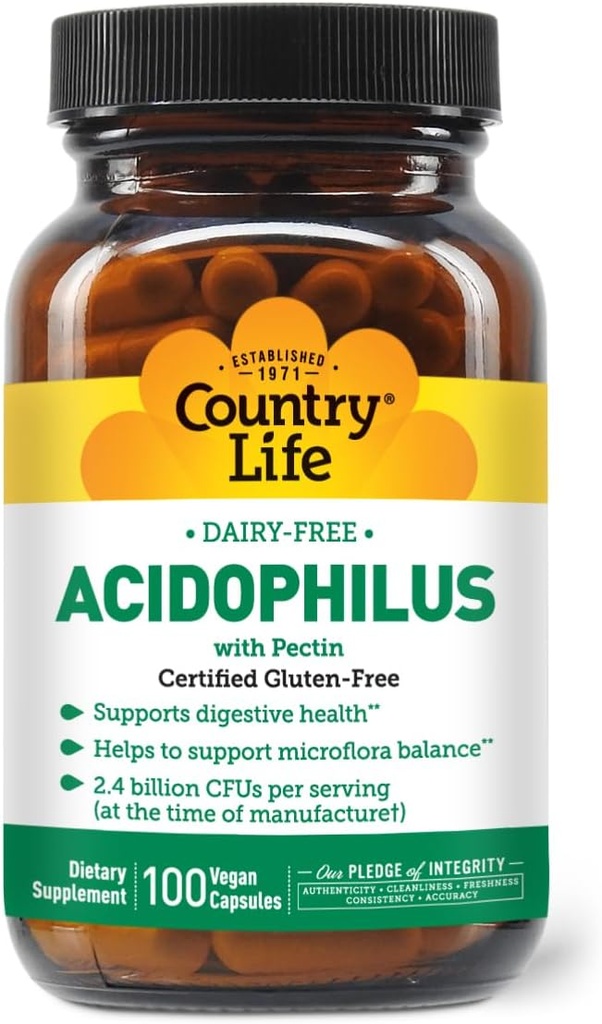 Country Life Acidophilus Probiotický dodatek pro ženy a muže - Bez společných alergenů - 2.4 Miliardy CFU na podporu stravitelného zdraví - Dairy-Free, Non- GMO, 100 Veganských kapslí