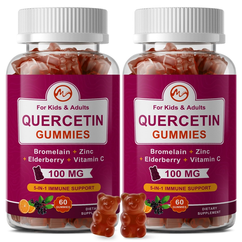 (2 Pack) Quercetin Gummies with Bromelain, Elderberry, Zinek a Vitamin C - Žvýkací Quercetin 700mg dodatek pro imunitu, alergie, podpora stárnutí - Vegan Gummies for Adult & Kid