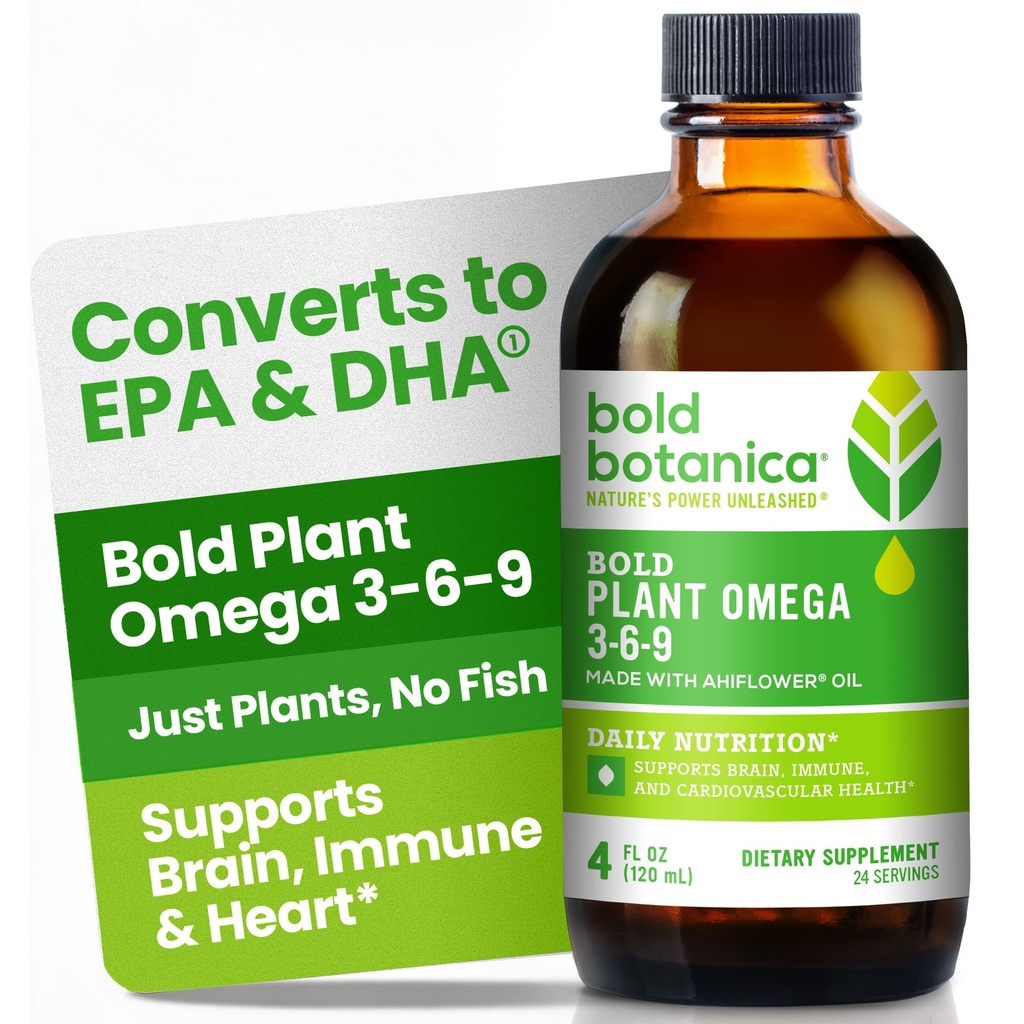 Bold Botanica Plant Omega 3-6-9, s Ahiflower Oil, Vegan Omega 3, Kompletní Plant- Based Omegas pro mozek a imunitní zdraví, Lepší než Flax, Ryby zdarma, Great Taste, Sugar- Free, Non- GMO, Liquid- 4 oz
