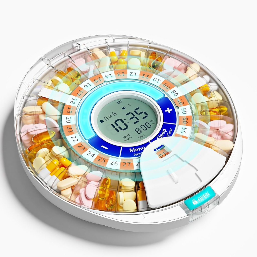 Aktualizovaný Automatický dávkovač pro seniory s alarmem: Smart Pill Dispenser Machine s 28-Slot, Mix-Proof Tech & XL LCD, Vylepšená životnost pro správu denní medicíny