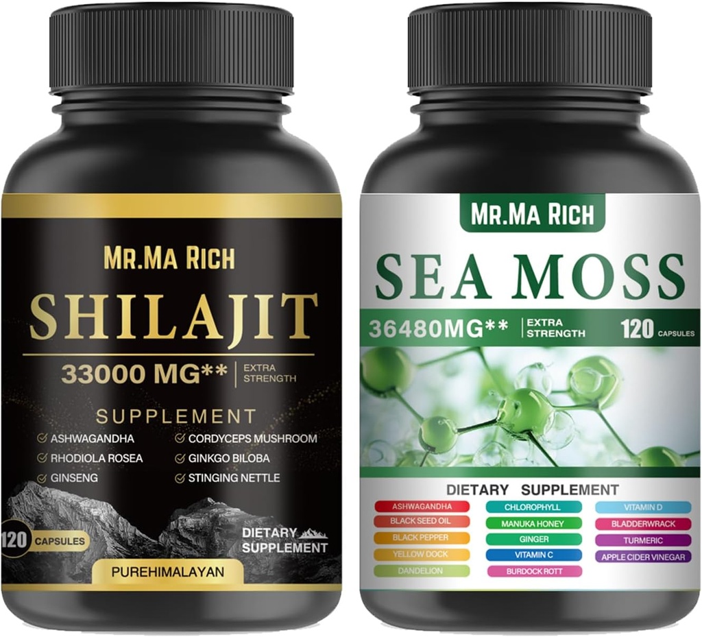 Mořský Moss a Shilajit Kapsle Bundle, Ashwagandha Rhodiola Rosea Ginseng Ginseng Houba Ginkgo Biloba pálení Nettle Magic Moss Blendim Black Seed Turmeric Bladderwrack Burdock Black Pepper