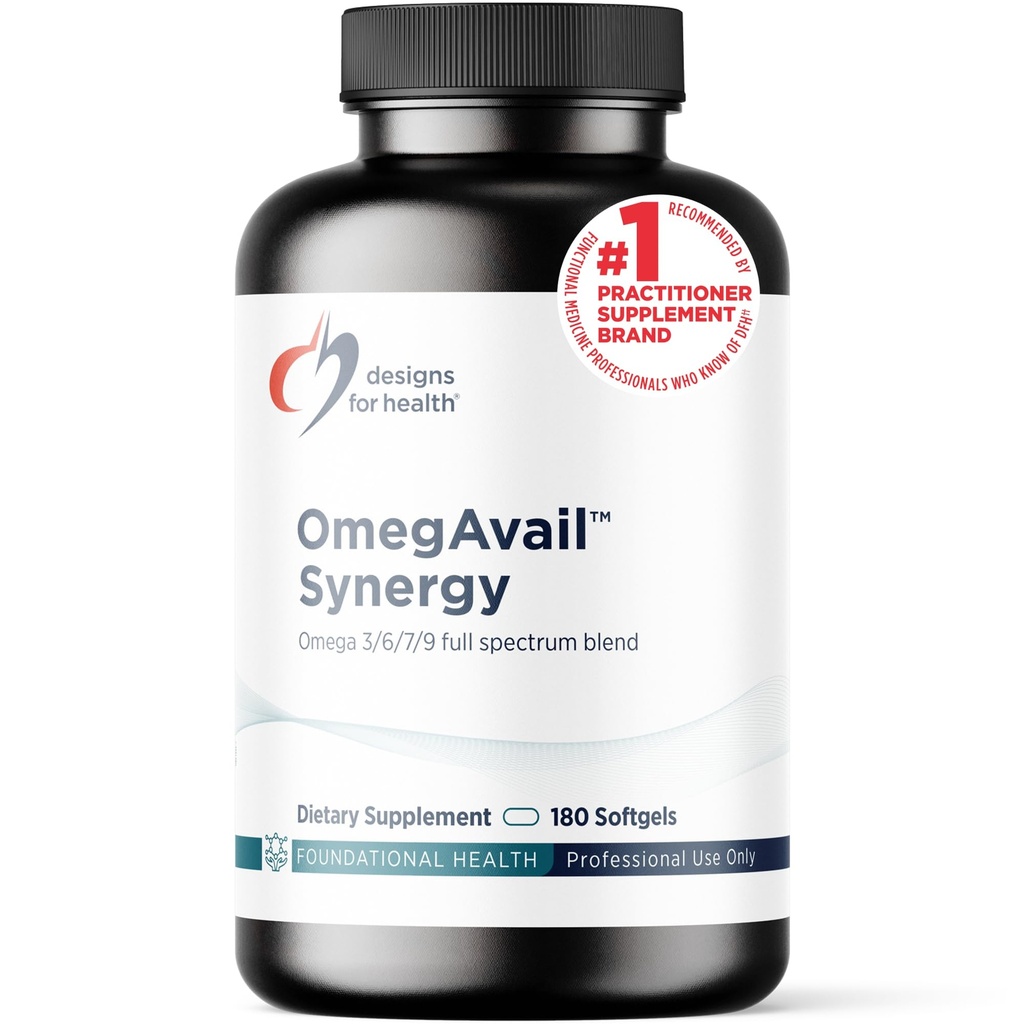 Designy pro zdraví Omegavail Synergy - Omega komplex pro dospělé - Omega 3-6-7-9 mastné kyseliny z brutnáku a Macadamia Oil + Triglycerid (TG) Rybí olej s DHA & EPA (180 Softgels)