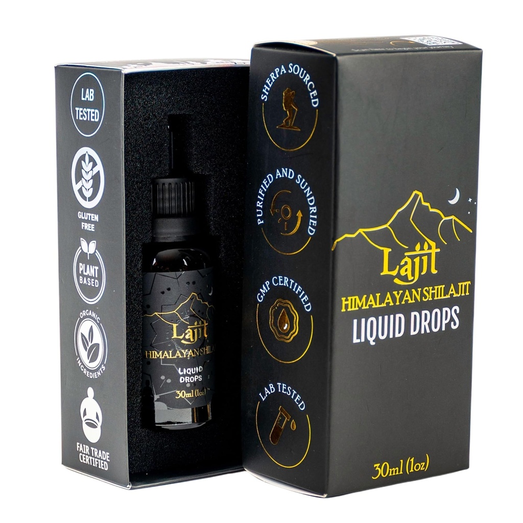 Lajit Gold Class Himalayan Shilajit Liquid Drops - Organic, Sun- Sured - Bioavailable Nutrients - Fulvic Acid, 85 + Stopy Minerály - Laboratorní testování pro muže a ženy - Přírodní energie, imunita, Posílení - 30ml