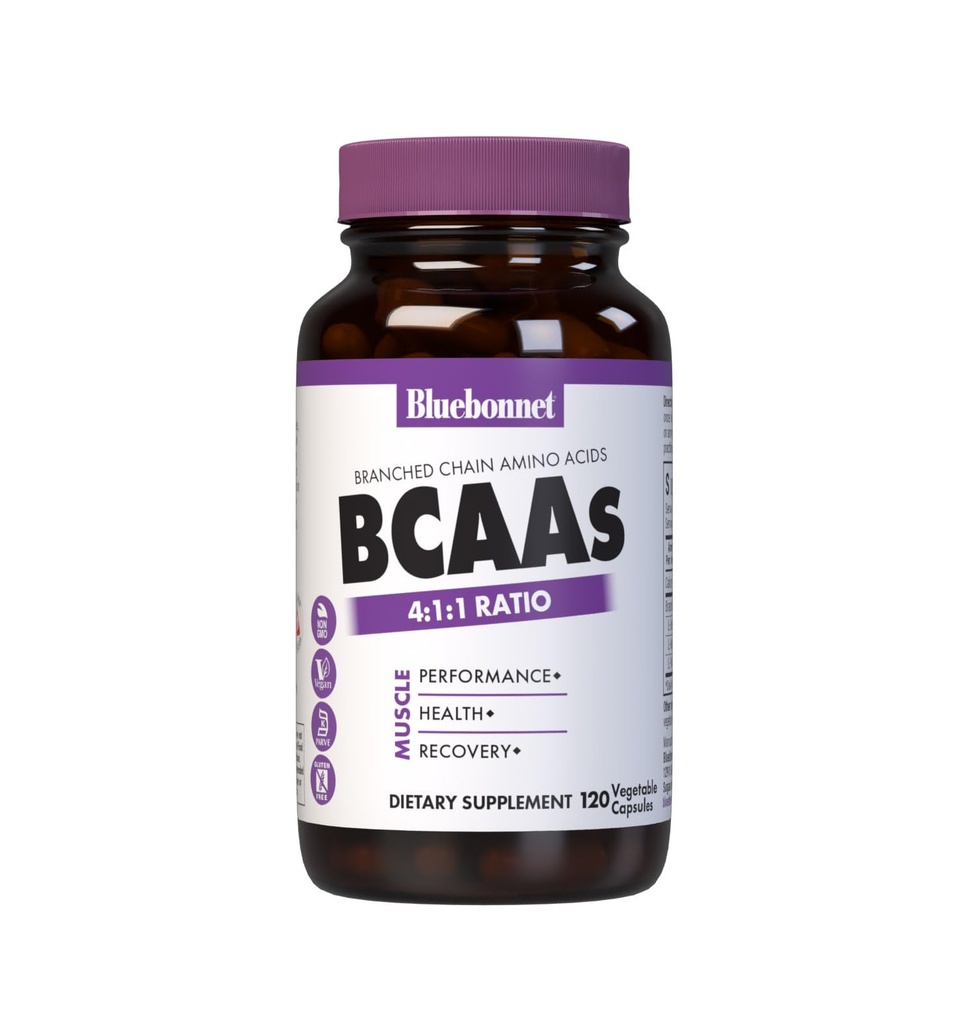 Bluebonnet Nutrition BCAA 4: 1: 1 Poměr, Muscle Performance *, Muscle Health *, Muscle Repair *, Non- GMO, Vegan, Kosher Certified, gluten- Free, Soy- Free, Dairy- Free, 120 Zeleninové kapsle, 30 Služeb