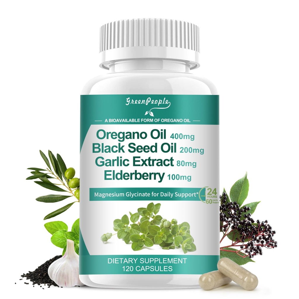 Organické kapsle Oregano olej - 11- in-1 Blend s černým semenným olejem, Elderberry, Česnek, Olive Ingellu- Magnesium & Black Pepper pro absorpci - imunitní, Respirační a trávicí - Vegan, Non- GMO, 120 Ct