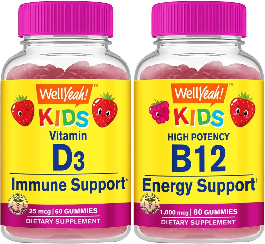WellYeah Vitamin D3 Děti + Vitamin B12 Děti, Gummies Bundle - Velký Ochutnávka, Vitamin dodatek, Lepek zdarma, GMO zdarma, Žvýkací žlab