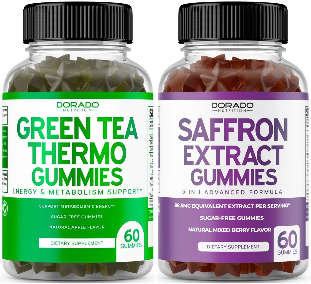 Zelený čaj tuk hořák (60 Počet) Váha Ztráta tuk hořák Appetite Suppressant pro dospělé a saffron doplňky (60 Gummies) Premium cukr zdarma Gummy - 5 v 1 Advanced Formule - Vegan Safe & USA Made