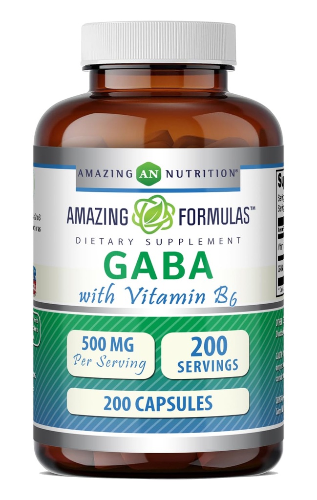 Úžasné efekty GABA s vitaminem B6 dodatek 124; 500 Mg Per servírování 124; 200 Kapsle 124; Non- GMO PHARMAD 124; gluten zdarma 124; Made in USA