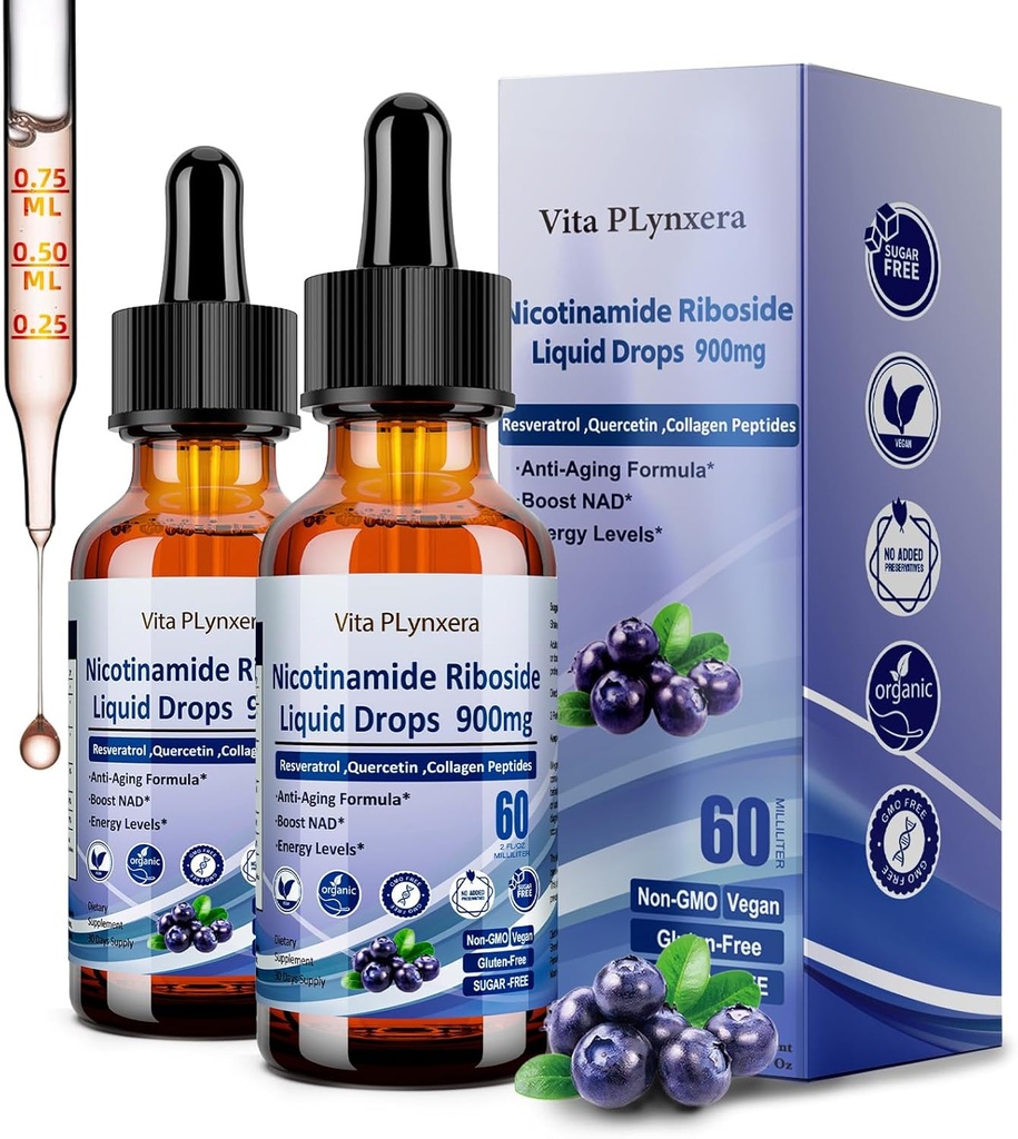 2 balení NAD doplňky pro ženy a muže, NAD Nikotinamid Riboside Resveratrol 900mg & Quercetin, Niacin, kolagen, biotin, tekutý NAD Plus doplněk NR900 pro antiaging kůže energie Longevity Focus