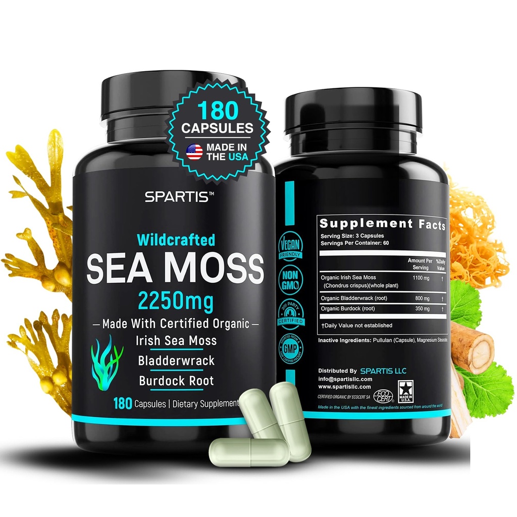 Certified Organic Sea Moss Kapsle 2250mg Wildcrafted Irish Sea Moss Burdock Root Bladderwrack Dodatek Raw Seamoss Pills & Powder (Balení 1 na 180-Caps)
