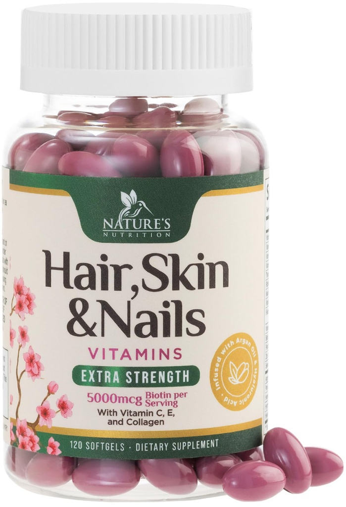 Vlasy, kůže a nehty Vitamíny pro ženy - Biotin 5000mcg na podporu růst vlasů s arganovým olejem, kolagen a hyaluronic kyselina, krásná, silnější kůže, vlasy a nehty vitamin dodatek - 120 Softgels