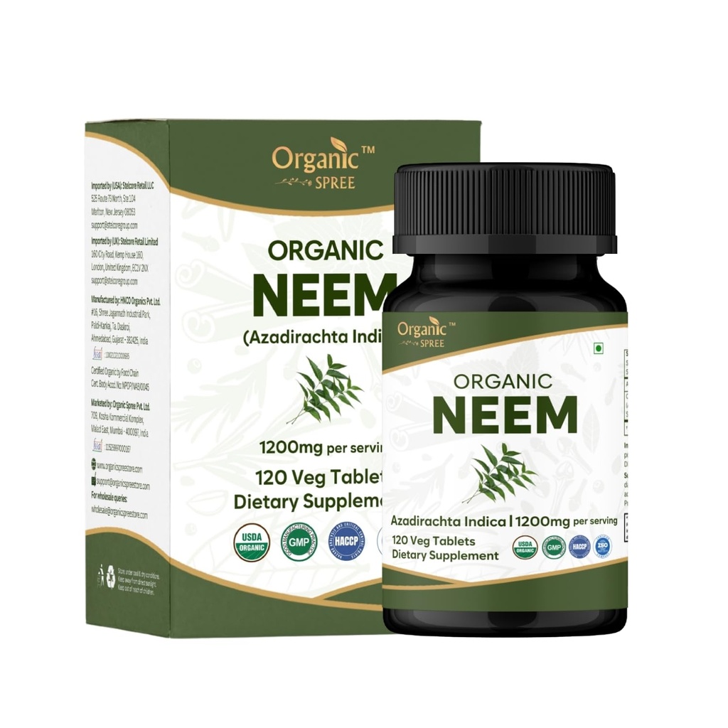 Neem 120 Tablety CLAS124; Azadirachta Indica (Neem) CLAS124; USDA Organic Certified CLAS124; Zdravá kůže a Detox CLAS124; Dietní dodatek - 120tab