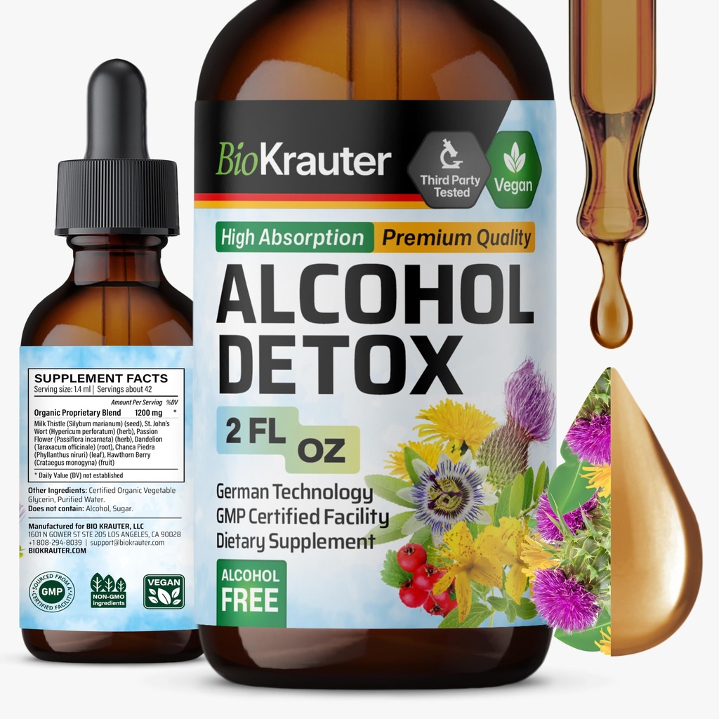 BIO KRAUTER Alkohol Detox Tinktura - Játra Čistota & Detox Formule - Mléko Thistle & Pampeliška - Liquid Extract - Alkohol a cukr zdarma - Vegan Drops 2 Fl.Oz.