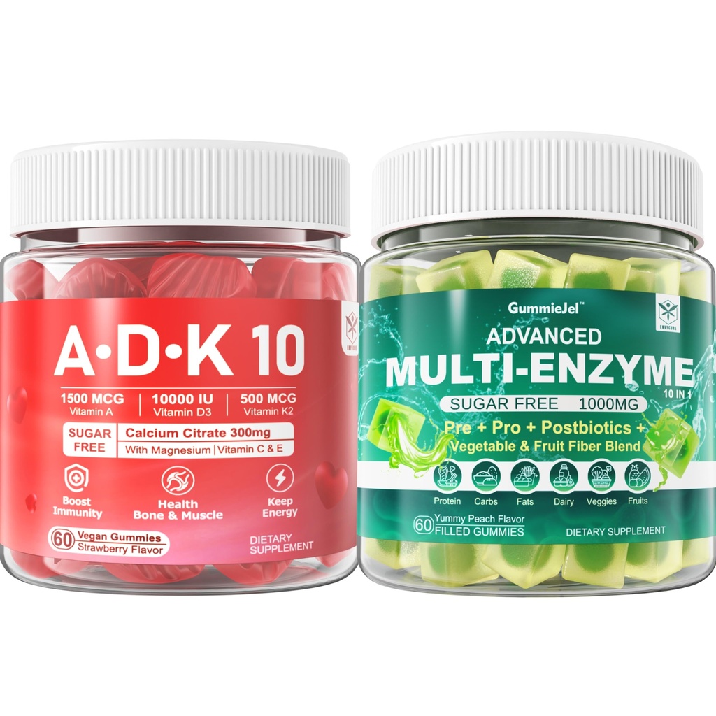 Stravovací Enzymy Gummies 1000mg Žvýkací - Break Down Food Quick, 90 Miliardy CFU, Probiotický, Postbiotický, Prebiotický a Vláknitý Směs & Vitamin ADK Gummies + vápník Magnesium Zinek Dodatek