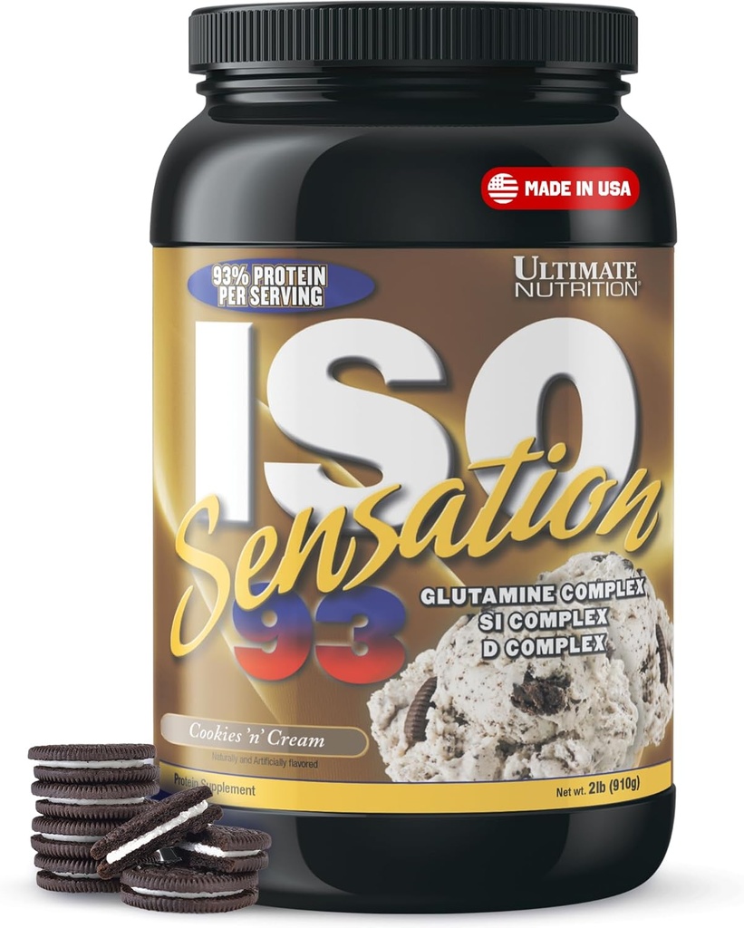 Ultimate Nutrition Whey Protein Isolate Powder with Glutamine Complex, ISO Sensation 93 - Syrovátkový Protein Powder with Added Colostrum for Enhanced Recovery, Immunity & Gut Health - Cookies N Cream, 2lbs