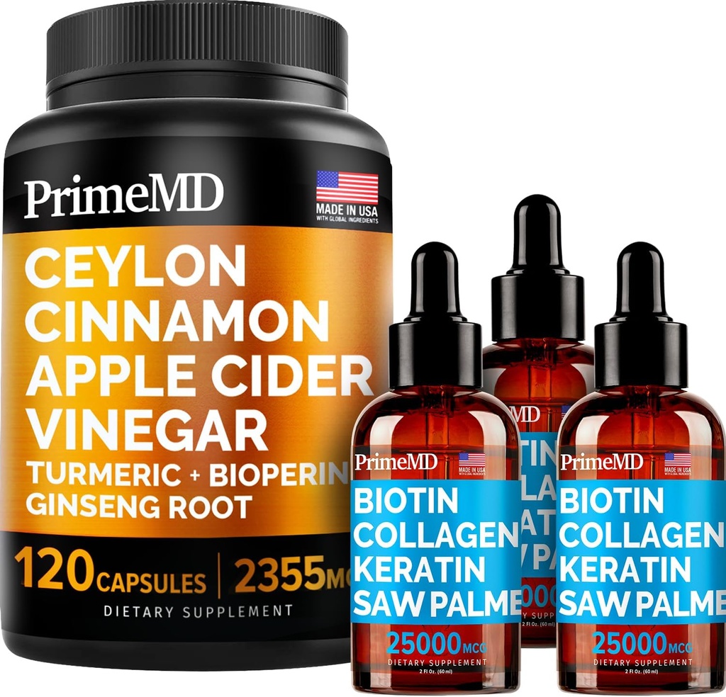 4- in-1 Liquid Biotin Kolagen Keratin Saw Palmetto Drops (2 fl oz - 3 Pack) & 5- in-1 Ceylon Skořice w Turmeric & Ginseng Root (120ct) Bundle - vlasy, kůže, nehty, a imunitní doplněk podpory