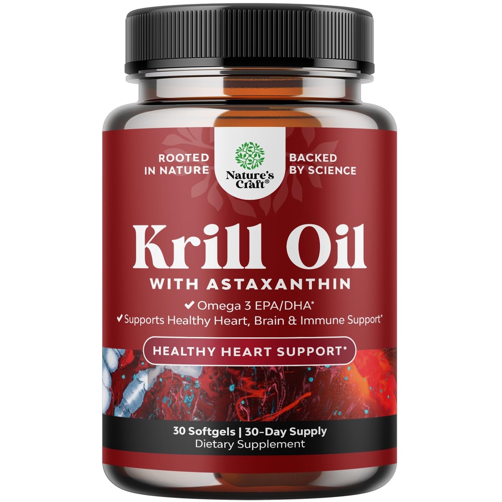 Krill Omega 3 Fish Oil Softgels - Koncentrované Krill EPA & DHA Fish Oil Omega 3 Dodatek pro ženy a muže pro imunitní podporu, Zdravý mozek a zdraví srdce - Neškodlivý doplněk mastných kyselin - 30 Počet