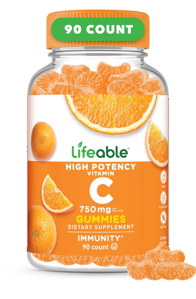 Živý vitamin C Gummie pro dospělé 124; 750mg Glumies 124; Velký Oranžový Oranžový Flavor VIT C C124; Vegan Non GMO Vitamin C Žvýkací 124; pro imunitní podporu 124; 90 Gummies