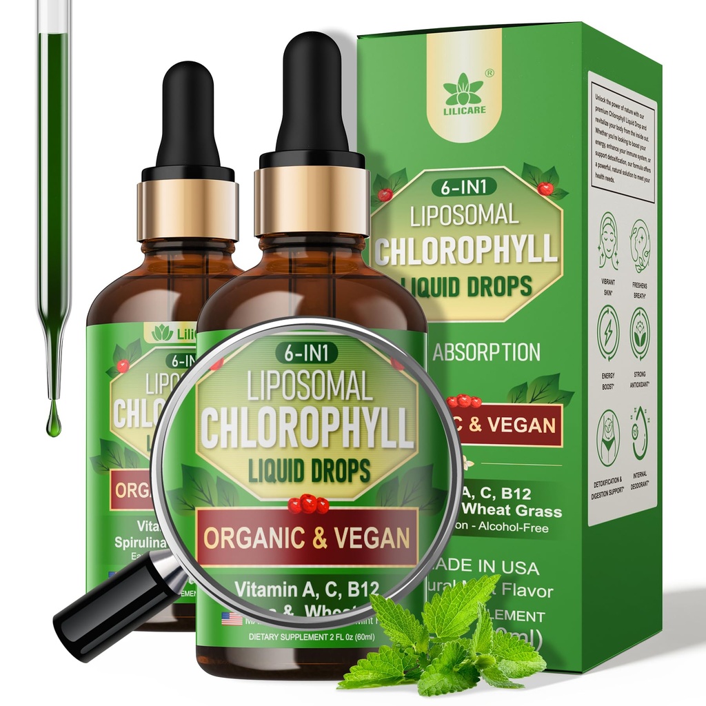 Organické chlorofyl kapalné kapky Liposomal pro ženy a muže, 6- in-1 Zelené Superfood Vegan Chlorofyll w / Spirulina, pšeničná tráva, Vitamin C B12 A pro vnitřní deodorant *, Energie, Digestive, 2Packs / 4 Fl Oz