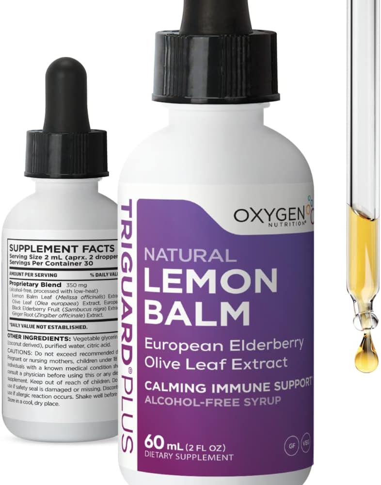 TriGuard Lemon Balm Plus - Lemon Balm Extract, Elderberry, Olive Leaf Extract Tincture 2 fl oz current 124; Pro uklidnění, Stress Relief, Imunitation Support and Influency Extract 124; Alkoholo- Free, Non- GMO, Made in USA