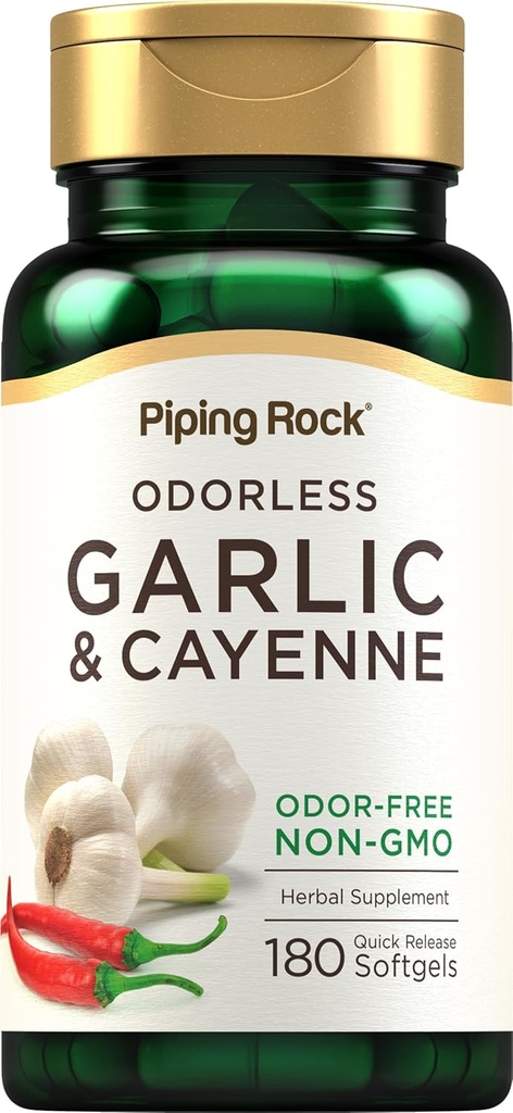 Piping Rock Odorless Česnek Softgels 124; 180 Softgels 124; Dodatek s Cayenne Extract CLAS124; Allium Sativum CLAS124; Non- GMO, gluten zdarma