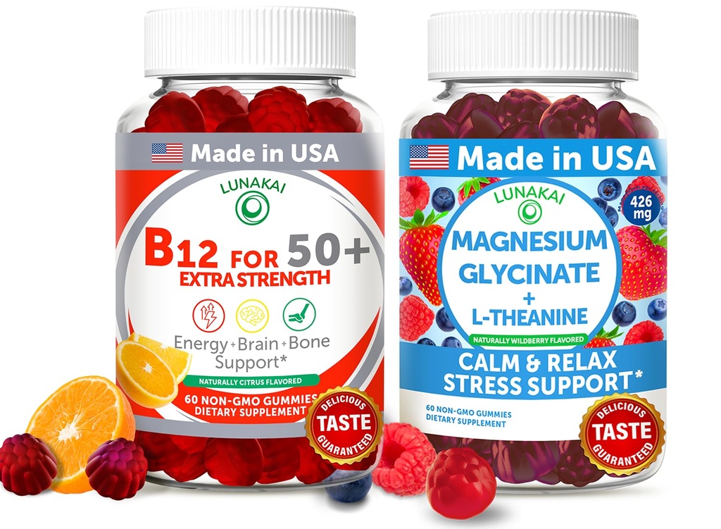 Lunakai USA Made Vitamin B12 pro dospělé 50 + & Magnesium Glycinate Gummies Bundle, podporuje energii, nádech, relaxace a stres Relief, Non- GMO, Vegan, 60ct Každý
