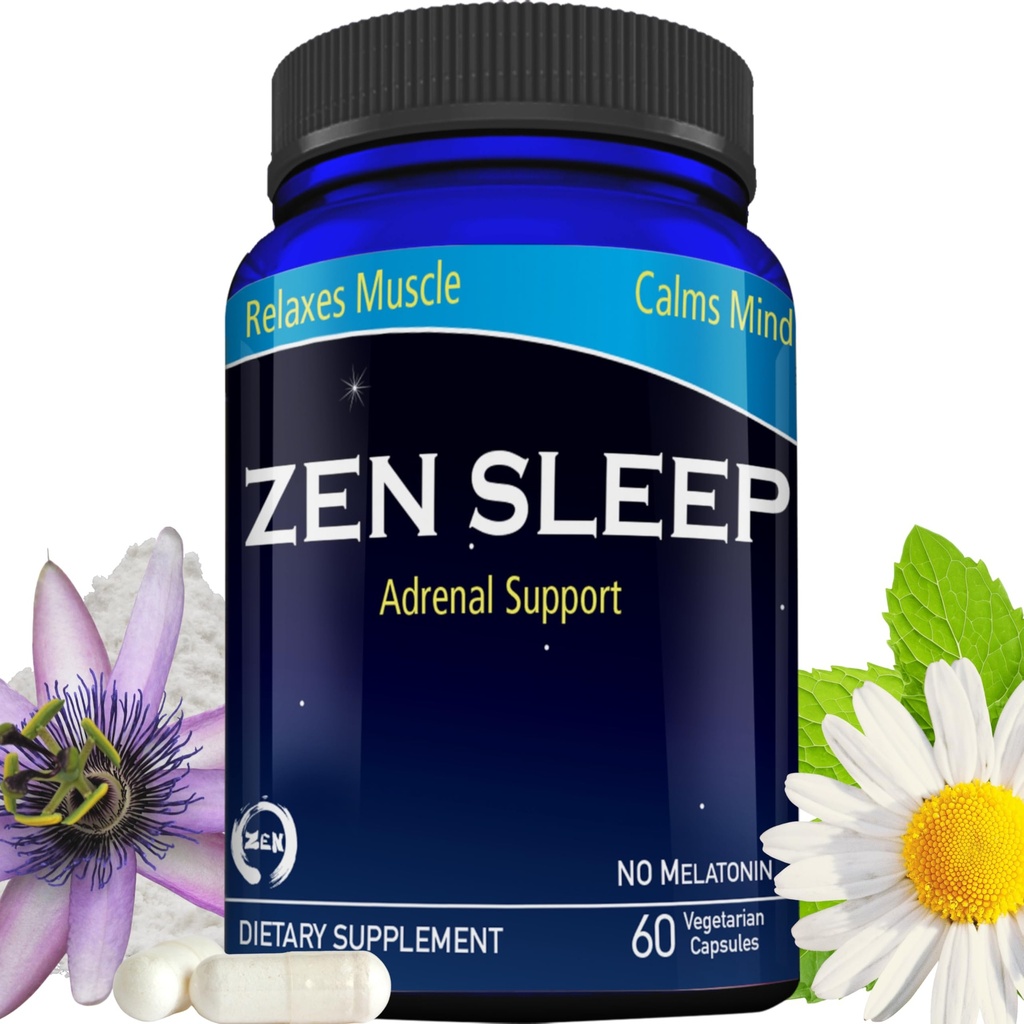 Zen Spánek 124; Non- Addictive Sleep Aid w / Adrenal Support. Obsahuje hořčík a organické byliny; heřmánek, Lemon Balm, Vášeň Květ, Žádný melatonin