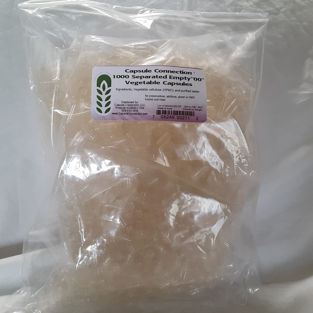 Kapsle Připojení 1000 Oddělené prázdné zeleninové kapsle, 00 "Velikost, Vegan & Vegetarian resealable Bag
