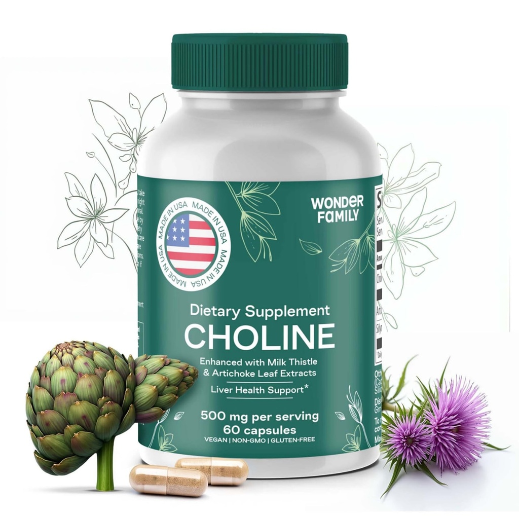 Cholin Bitartate 500MG - Premium Choline doplňky - Příplatek pro podporu jater a žlučník doplňky - Colina Suplemento 500 mg Orgánica - Brain Vitamin pro paměť a zaměření - 60 Choline Caps